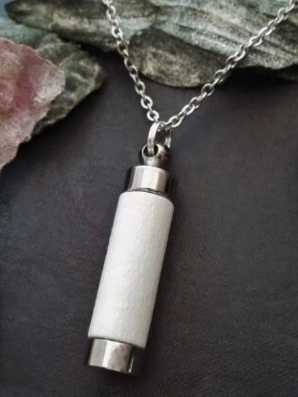 White Wooden Capsule Necklace Stainless Steel Keepsake Pendant